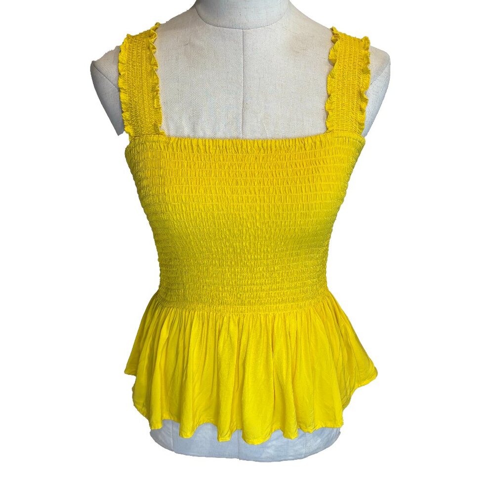 Elodie Women Tank Top Yellow Smocked Square Neck Peplum Medium Excellent - Picture 1 of 10